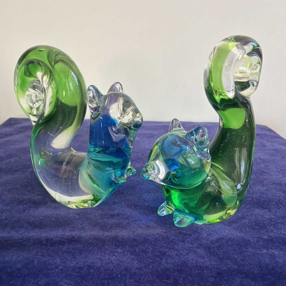 Hand Blown Art Glass Squirrel Glass Figurines Blue With Green Set Of 2 VTG